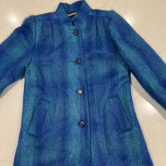Paul Levy Vintage Blue Purple Green Plaid Striped Mohair Wool Coat Long 44” Bust - Picture 4 of 14